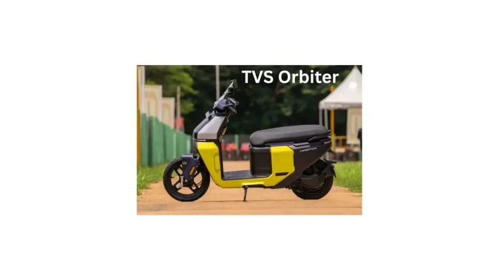 TVS Orbiter 2025 electric scooter parked outdoors showcasing modern design and LED headlamp.