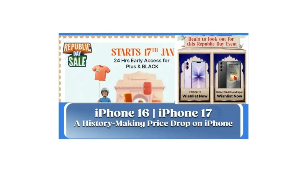 Apple iPhone 17 showcased with Flipkart Republic Day Sale 2026 discount banner highlighting price drop and offers