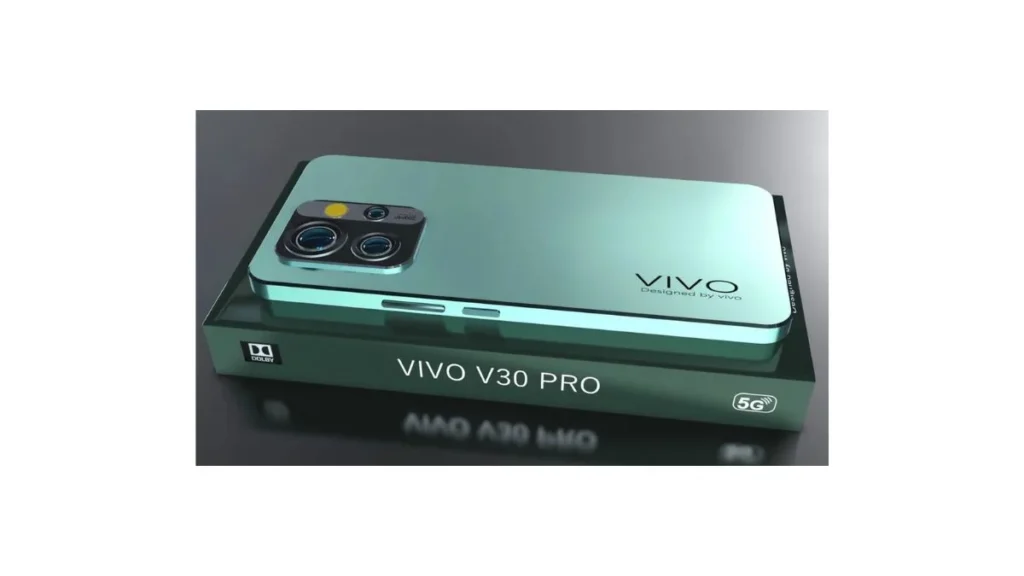 Vivo V30 5G 12GB/256GB smartphone angled view showing sleek design, AMOLED display, and dual rear cameras